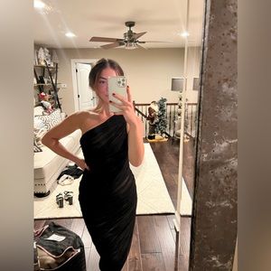 Black one shoulder mesh midi dress